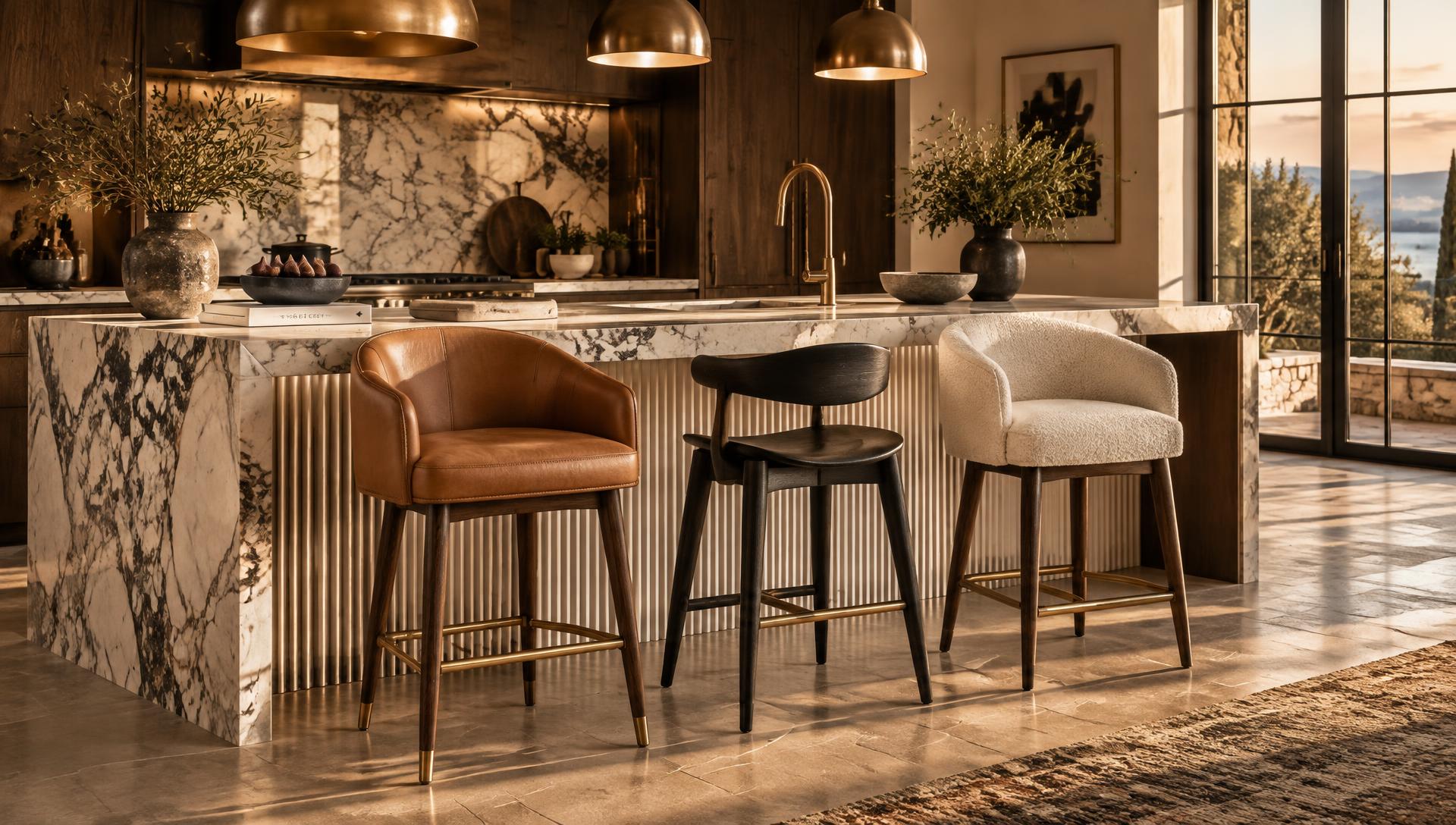 Leather, timber and fabric stools at a marble island in a luxury kitchen